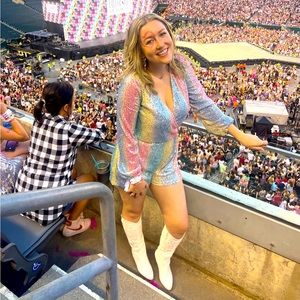 love story rainbow sequin romper hazel and olive eras